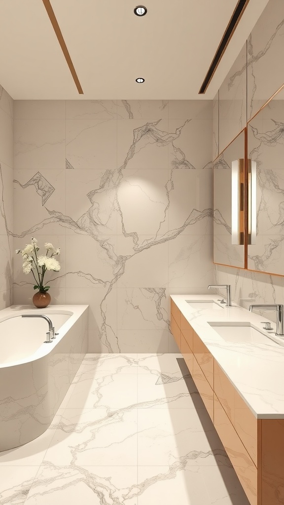 Luxurious bathroom featuring marble walls and floor with elegant fixtures