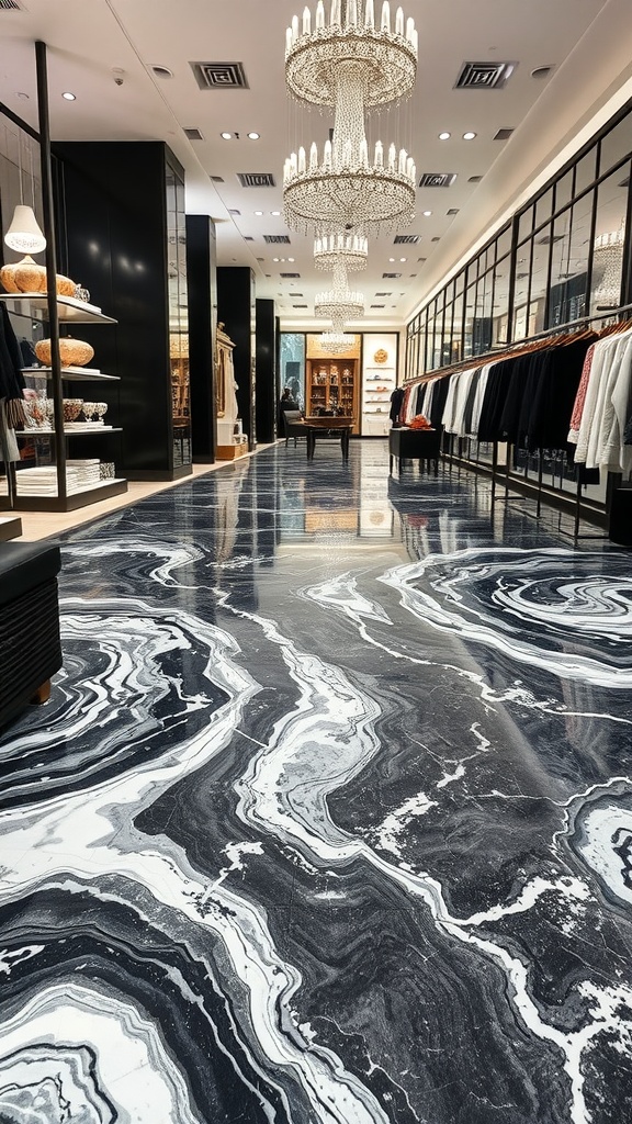 A stylish retail store with marbled black and white epoxy flooring, showcasing elegant chandeliers and clothing displays.