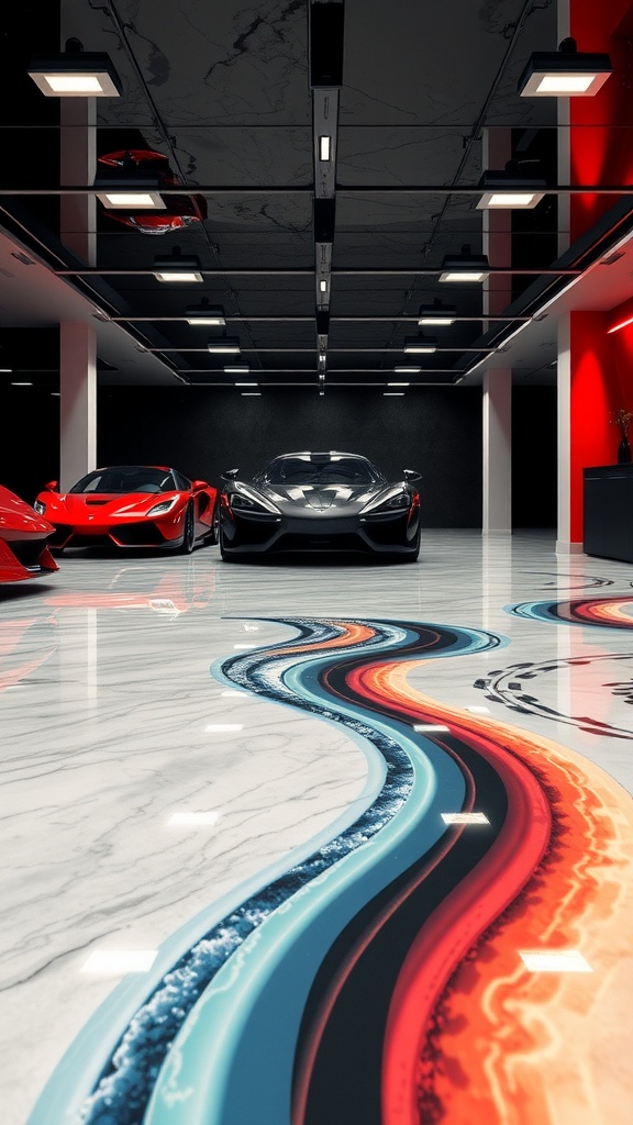 A luxurious marbled epoxy floor in a garage showcasing a sleek design and high-end vehicles.