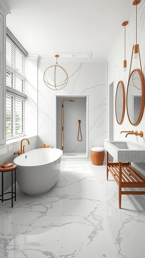 A modern bathroom with marbled flooring and stylish fixtures.