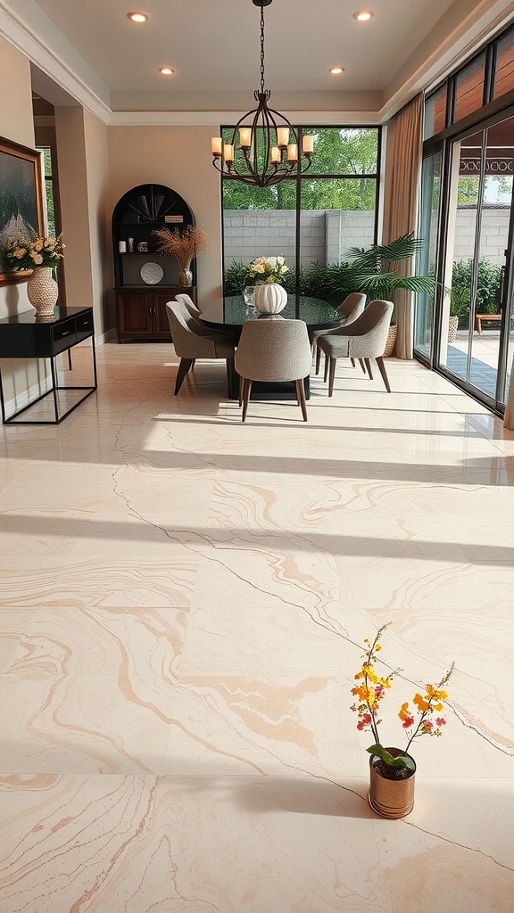 A modern dining area with marbled epoxy flooring, showcasing elegance and style.