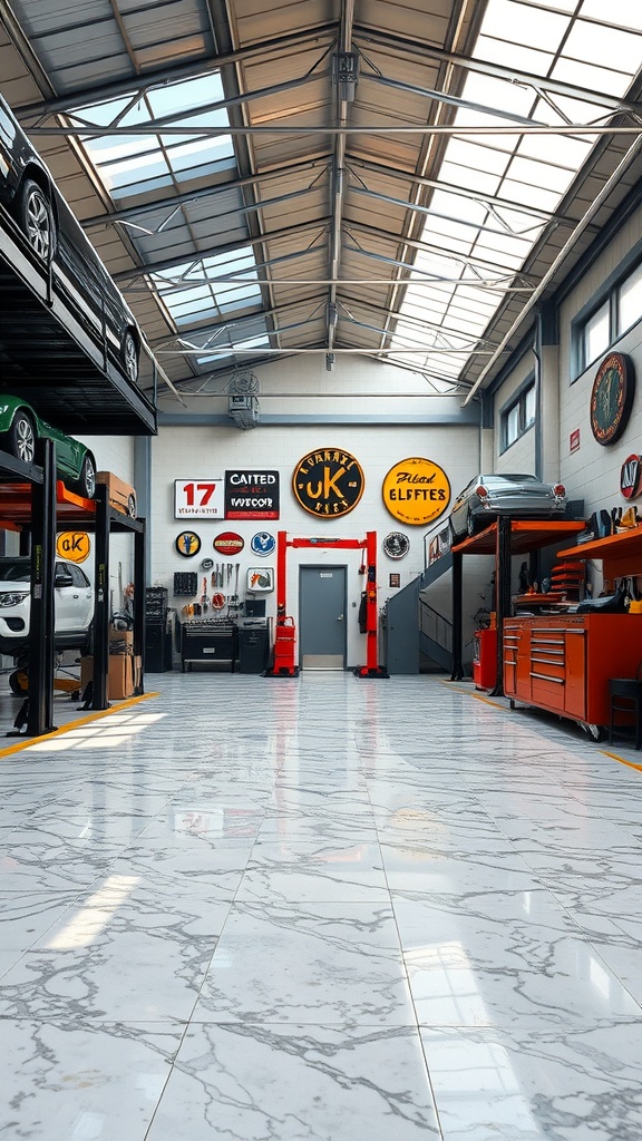 A spacious workshop featuring marbled epoxy flooring, showcasing cars on lifts and organized tool storage.
