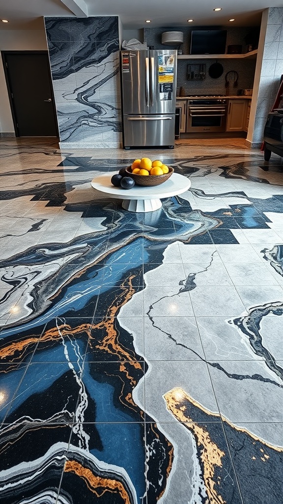 A stylish kitchen featuring marbled epoxy countertops and flooring.