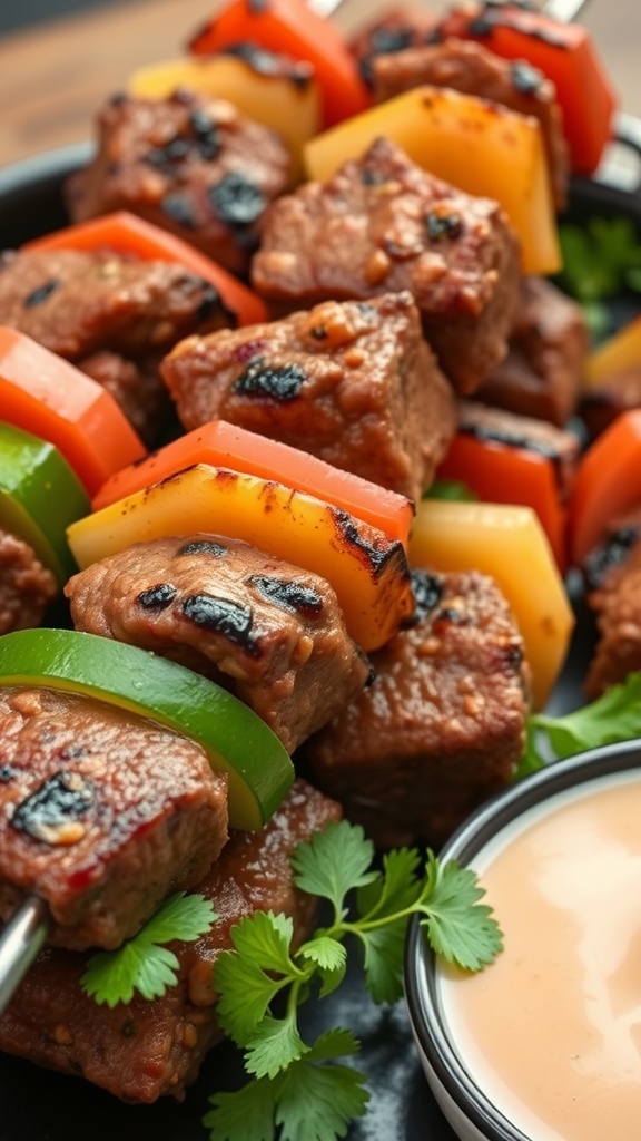 Marinated BBQ beef kebabs with colorful vegetables
