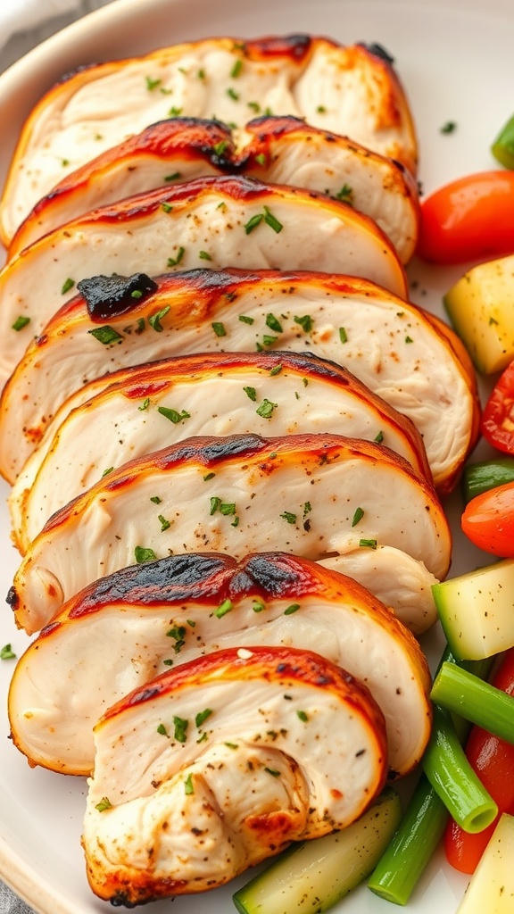 Sliced grilled chicken served with colorful roasted vegetables.