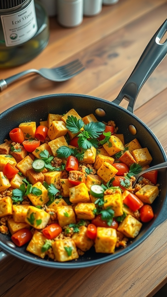 A colorful tofu scramble with cherry tomatoes and herbs in a skillet.