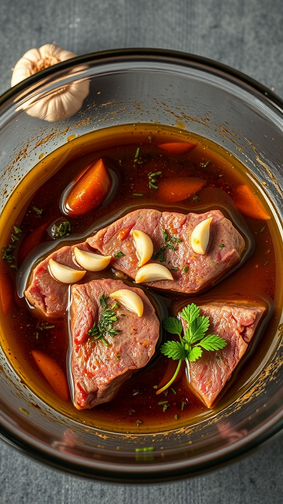 A bowl of marinated steak pieces with garlic cloves and herbs.