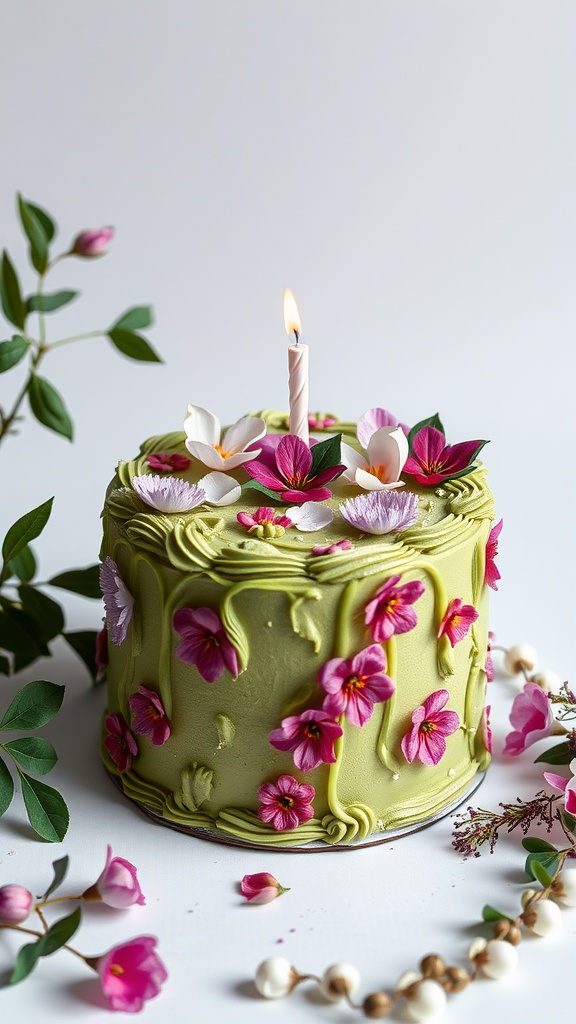 A beautifully decorated matcha green tea cake with colorful flowers.