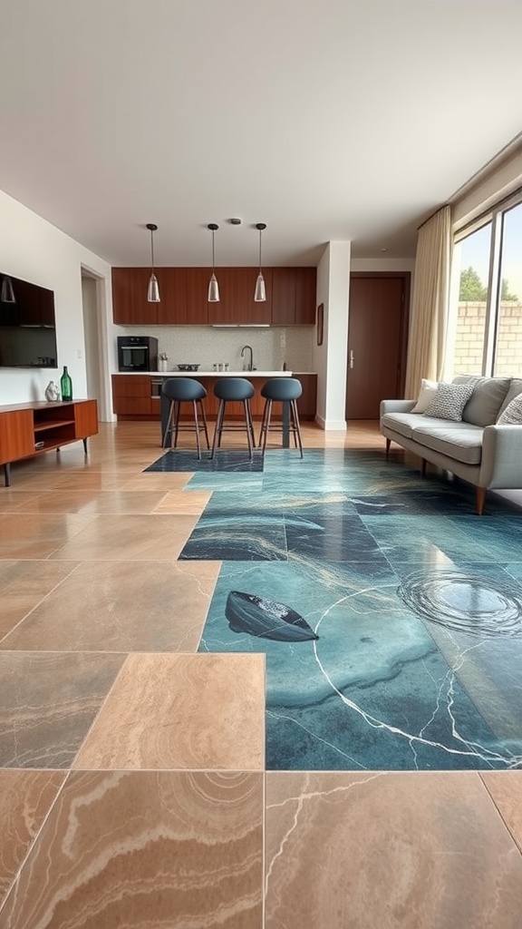 A modern kitchen space showcasing a mix of matte epoxy flooring with a stunning 3D design.