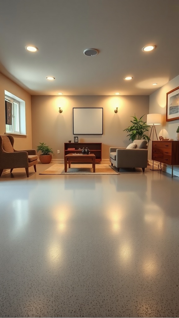 A well-decorated basement showcasing matte epoxy flooring with a subtle sheen, highlighting comfort and style.
