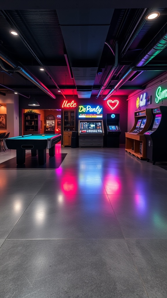 A stylish game room basement featuring matte epoxy flooring and vibrant neon lights.