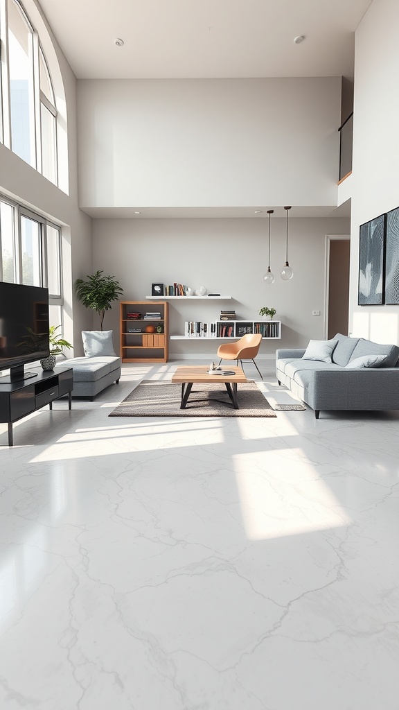 A spacious living room featuring a matte finish epoxy floor, showcasing minimalist furniture and a bright ambiance.