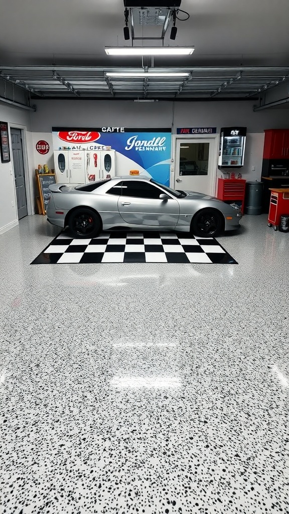 A garage with a matte finish epoxy floor, featuring a silvery car and vibrant wall decor.