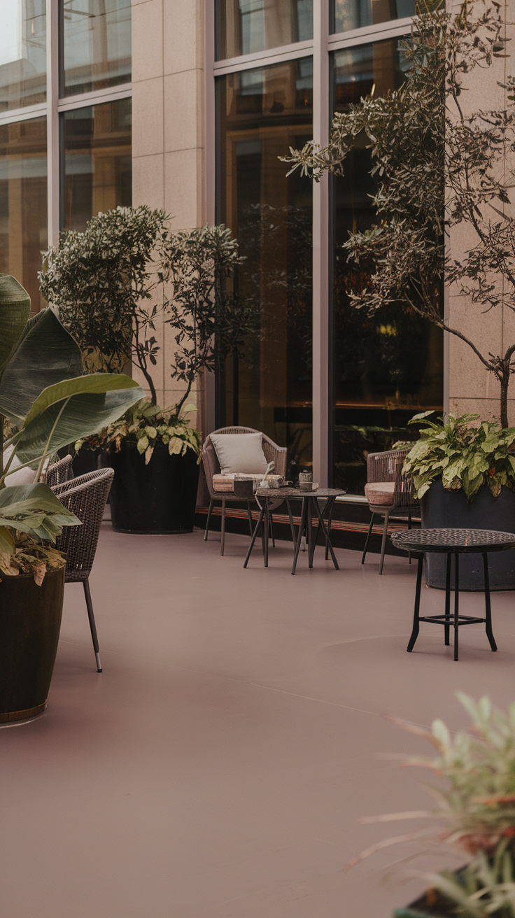 Patio with matte epoxy floor, plants, and chairs.