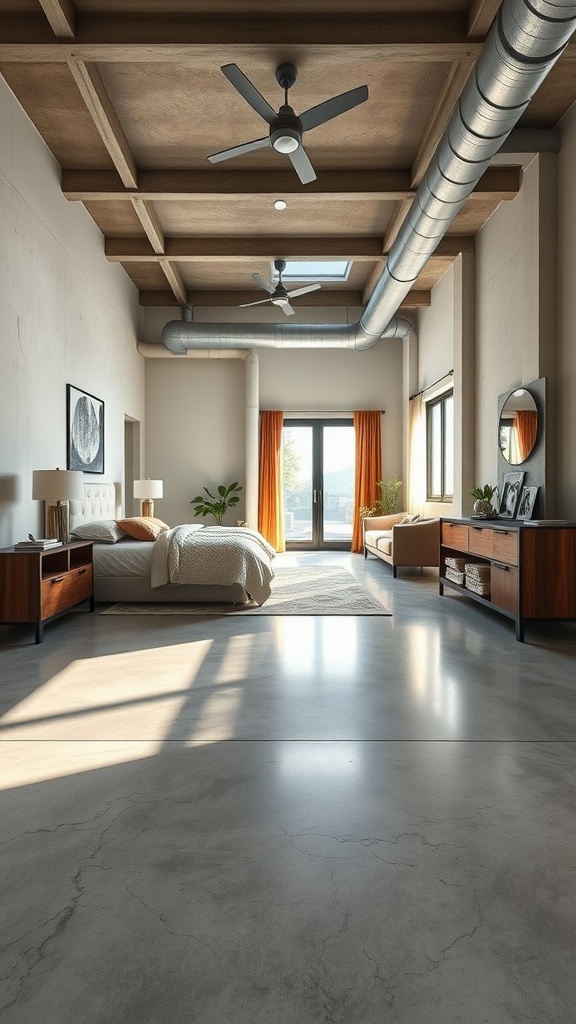 A spacious bedroom with a polished concrete floor, wooden furniture, and warm lighting.