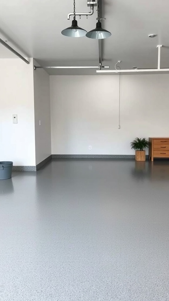 A garage featuring a matte epoxy floor, showcasing a sleek and modern design with vehicles.