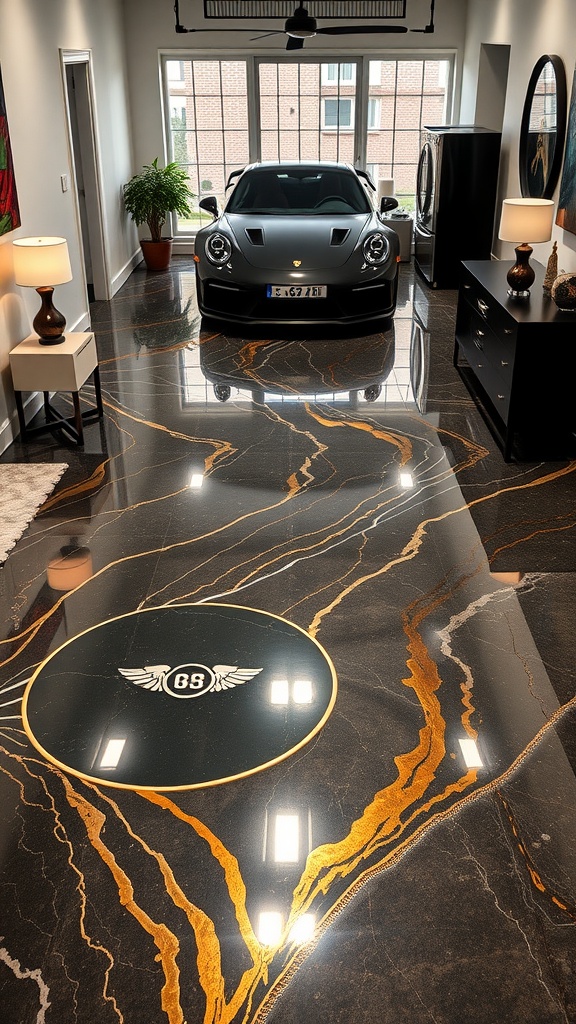 A beautifully finished epoxy floor with matte finish and gold accents, showcasing a luxury design.