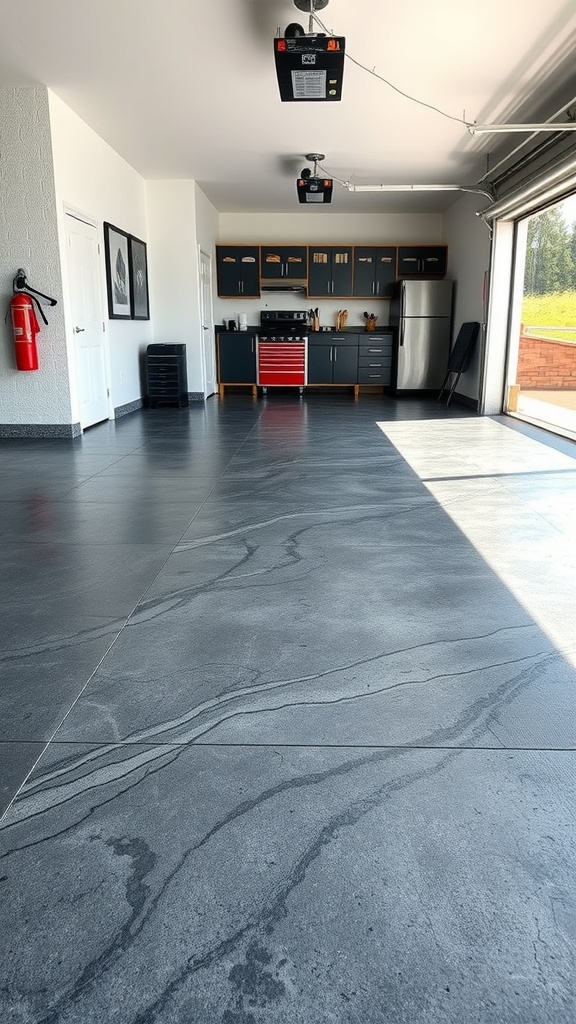 A modern garage with a matte textured charcoal epoxy floor, showcasing a sleek and stylish design.