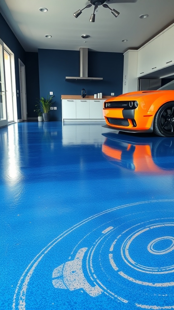 A vibrant blue epoxy garage floor with a matte texture, featuring an orange car and modern kitchen elements.