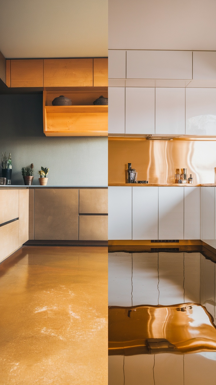 A kitchen split into two halves: left side features a warm matte epoxy floor, and the right side showcases a shiny glossy epoxy floor.