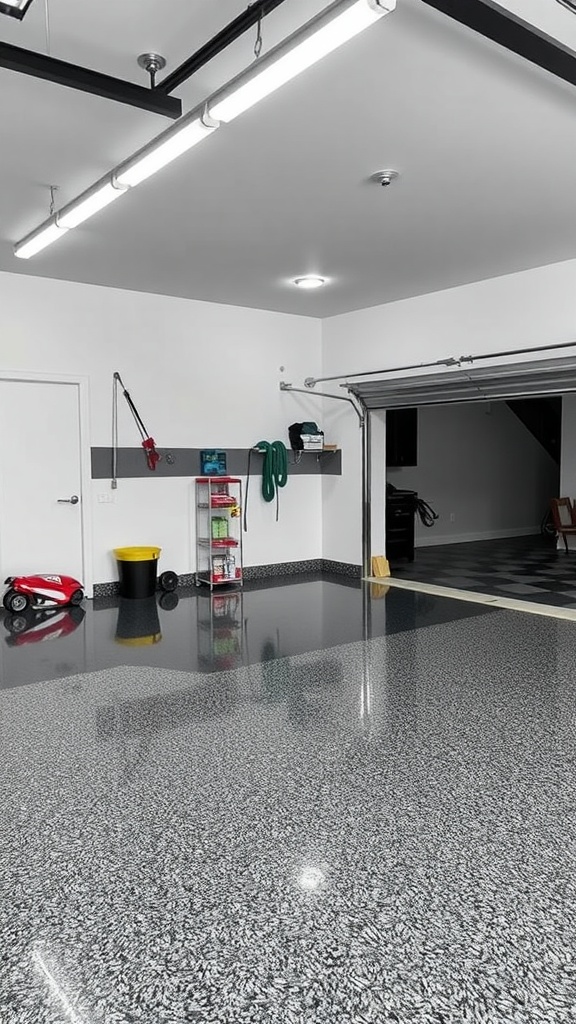 Split image showing a matte epoxy garage floor on the left and a glossy epoxy garage floor on the right, each enhancing the luxury look of the garage.