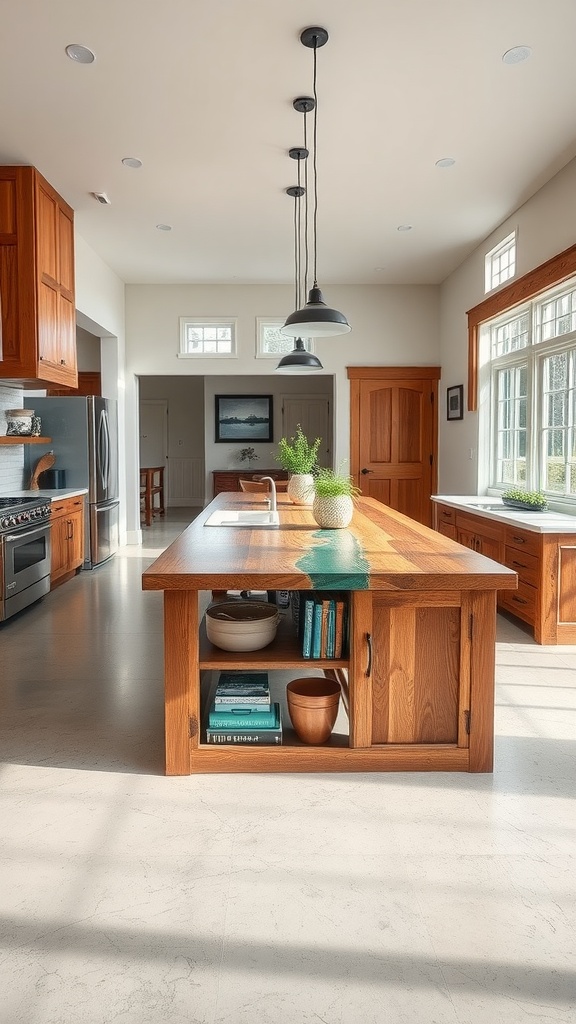 A bright and spacious farmhouse kitchen featuring a wooden island table with epoxy resin design and durable epoxy flooring.