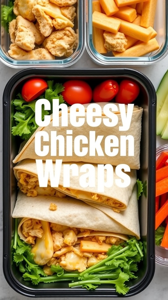 Meal prep containers with cheesy chicken wraps, cheese, cherry tomatoes, and carrots.