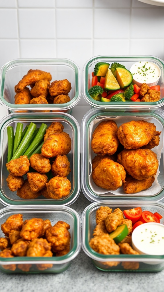 Meal prep containers filled with crispy Bang Bang chicken, vegetables, and dipping sauce.