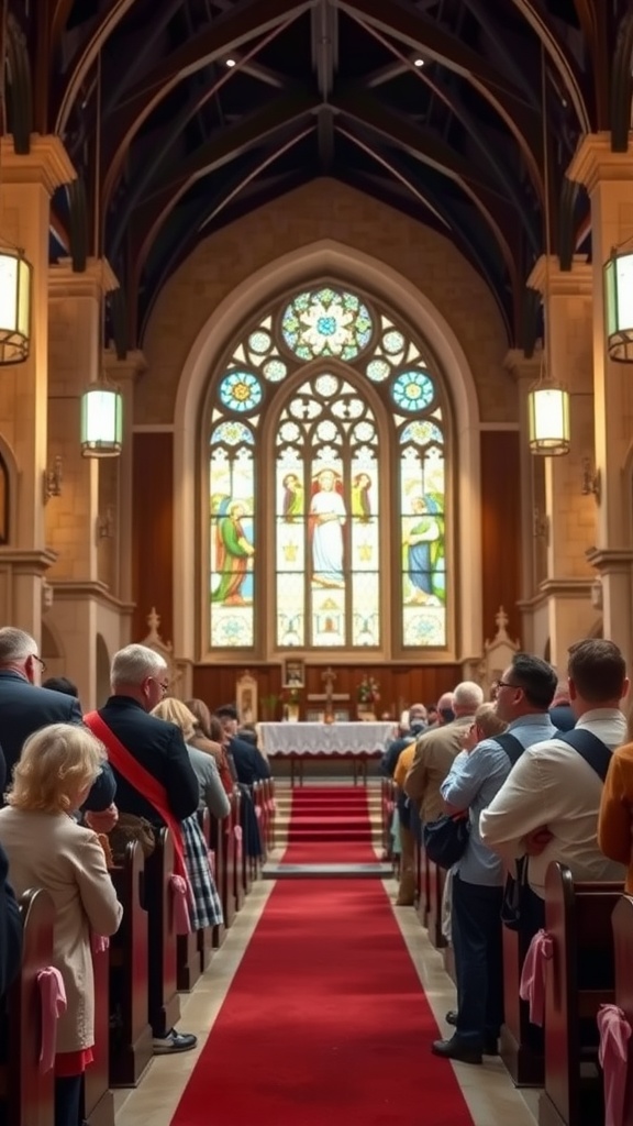 A church interior with stained glass windows and attendees during an Easter service.