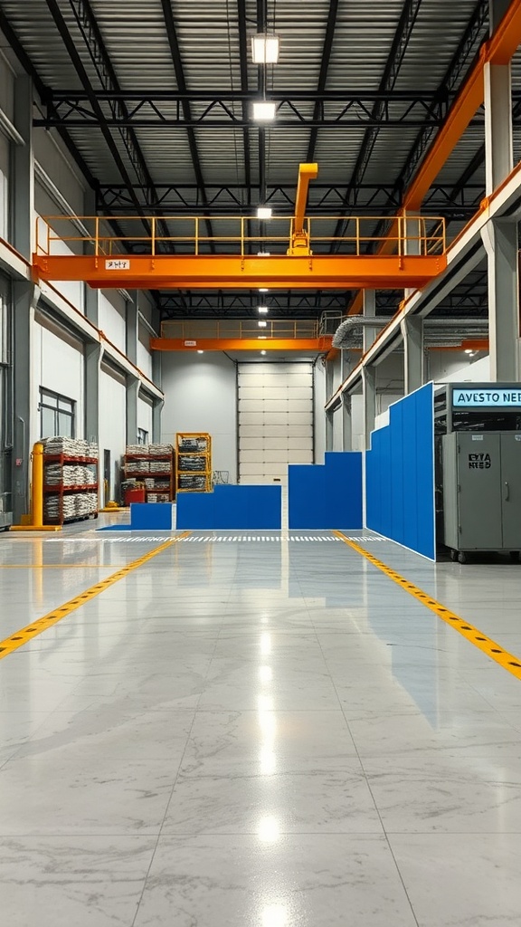 A clean and well-maintained industrial flooring with epoxy coating, showcasing a spacious factory area.