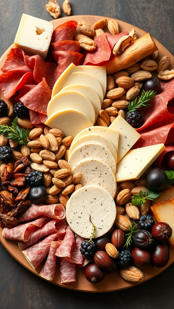 An appealing meat and cheese board with various meats, cheeses, nuts, fruits, and crackers.