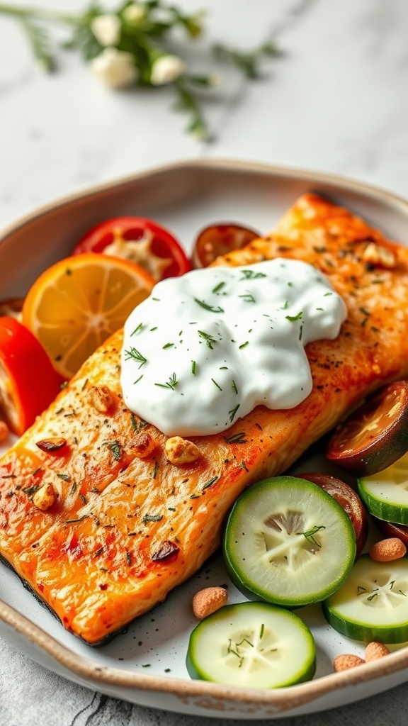 Mediterranean baked salmon served with dill tzatziki and fresh vegetables.