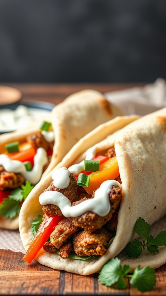 Mediterranean BBQ Pork Gyros wrapped in pita with fresh vegetables and tzatziki sauce
