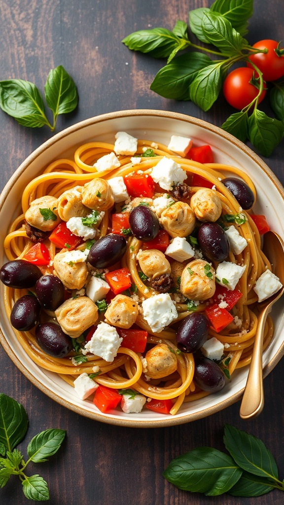 A delicious plate of Mediterranean Chicken Pasta with chicken, olives, feta cheese, and colorful vegetables.