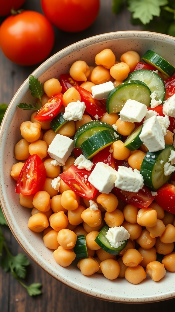 A bowl of Mediterranean Chickpea Salad with tomatoes, cucumbers, and feta cheese