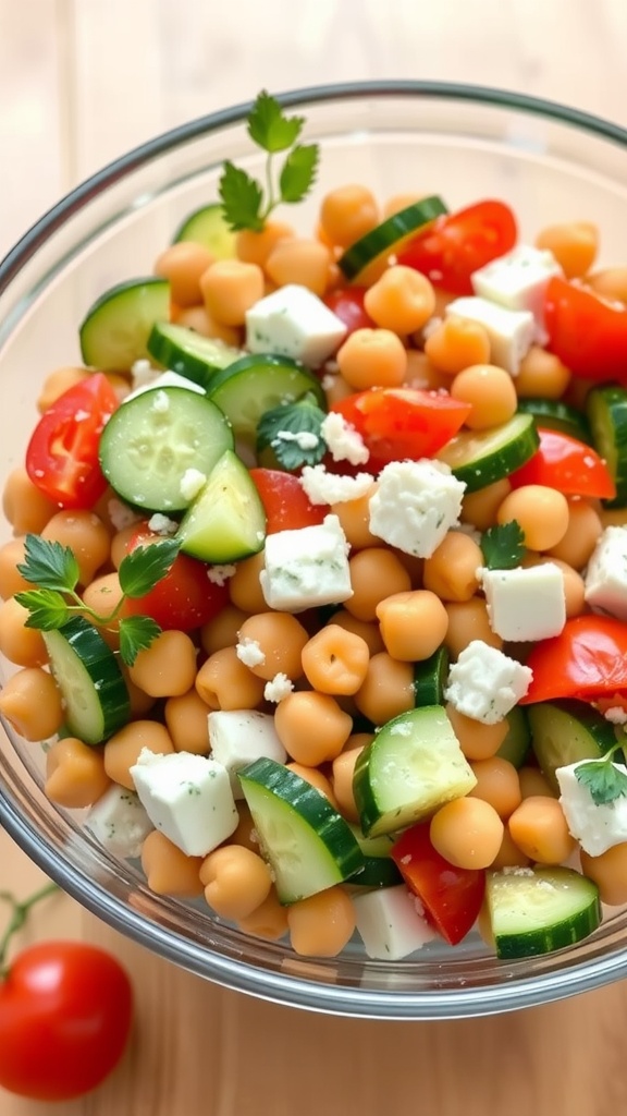 A colorful bowl of Mediterranean chickpea salad with tomatoes, cucumbers, feta cheese, and herbs.
