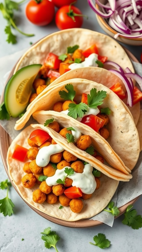 Delicious Mediterranean chickpea tacos with fresh vegetables and toppings