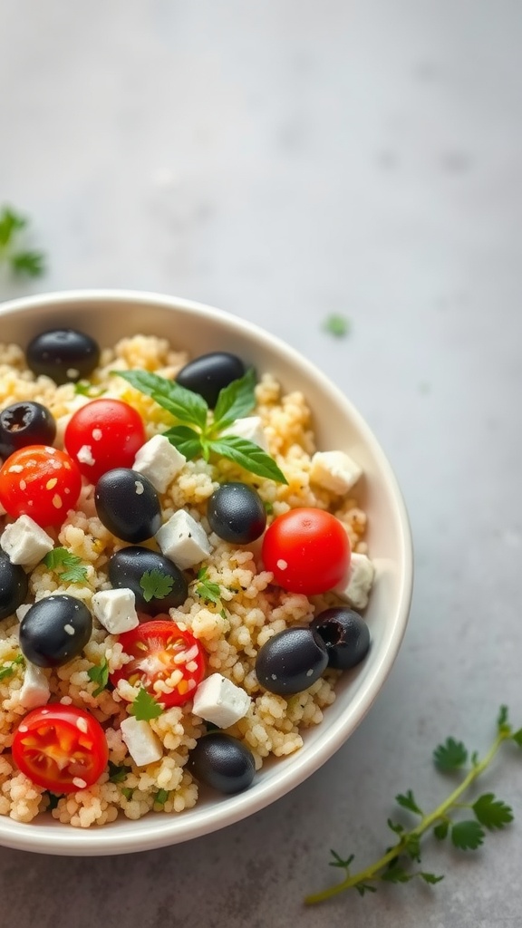 A bowl of Mediterranean couscous with cherry tomatoes, black olives, and feta cheese.