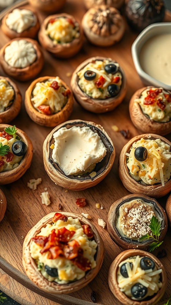 Mediterranean cream cheese stuffed mushrooms on a wooden platter