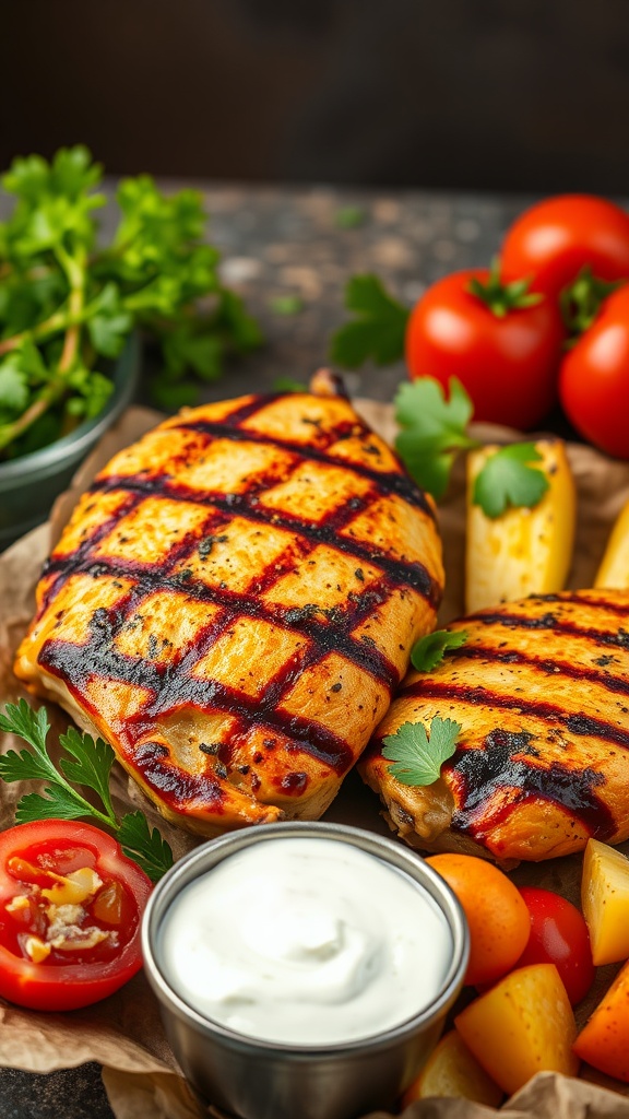 Mediterranean Grilled Chicken served with tzatziki and fresh vegetables.