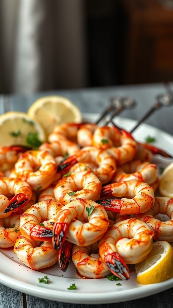 Plate of grilled shrimp skewers garnished with lemon and parsley.
