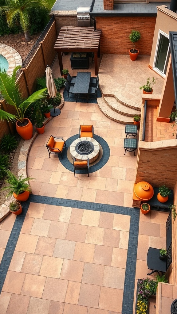 A beautifully designed Mediterranean inspired stamped concrete patio with a circular fire pit, surrounded by vibrant planters and a wooden deck.