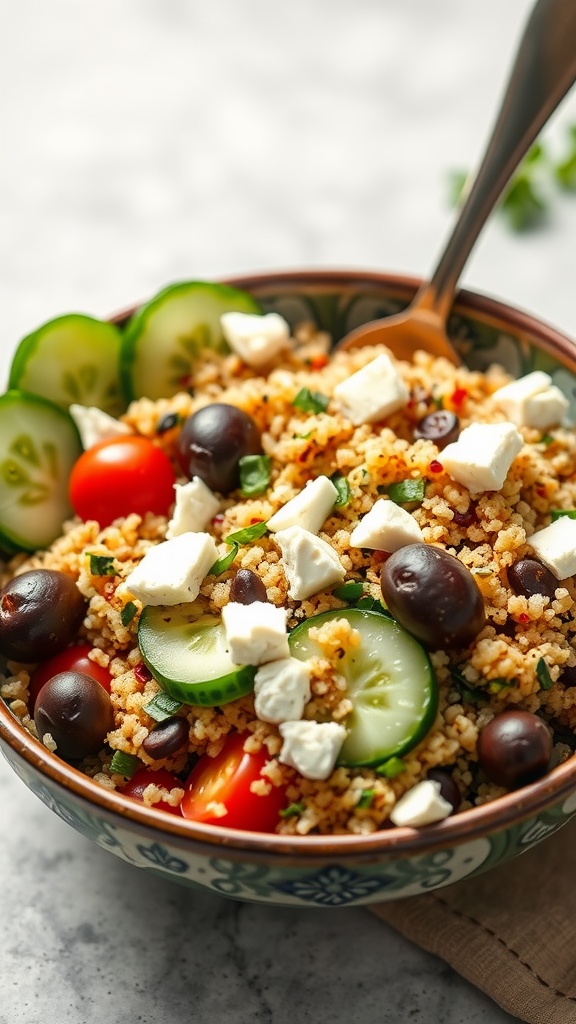 A colorful Mediterranean quinoa bowl filled with cherry tomatoes, cucumbers, olives, feta cheese, and parsley.
