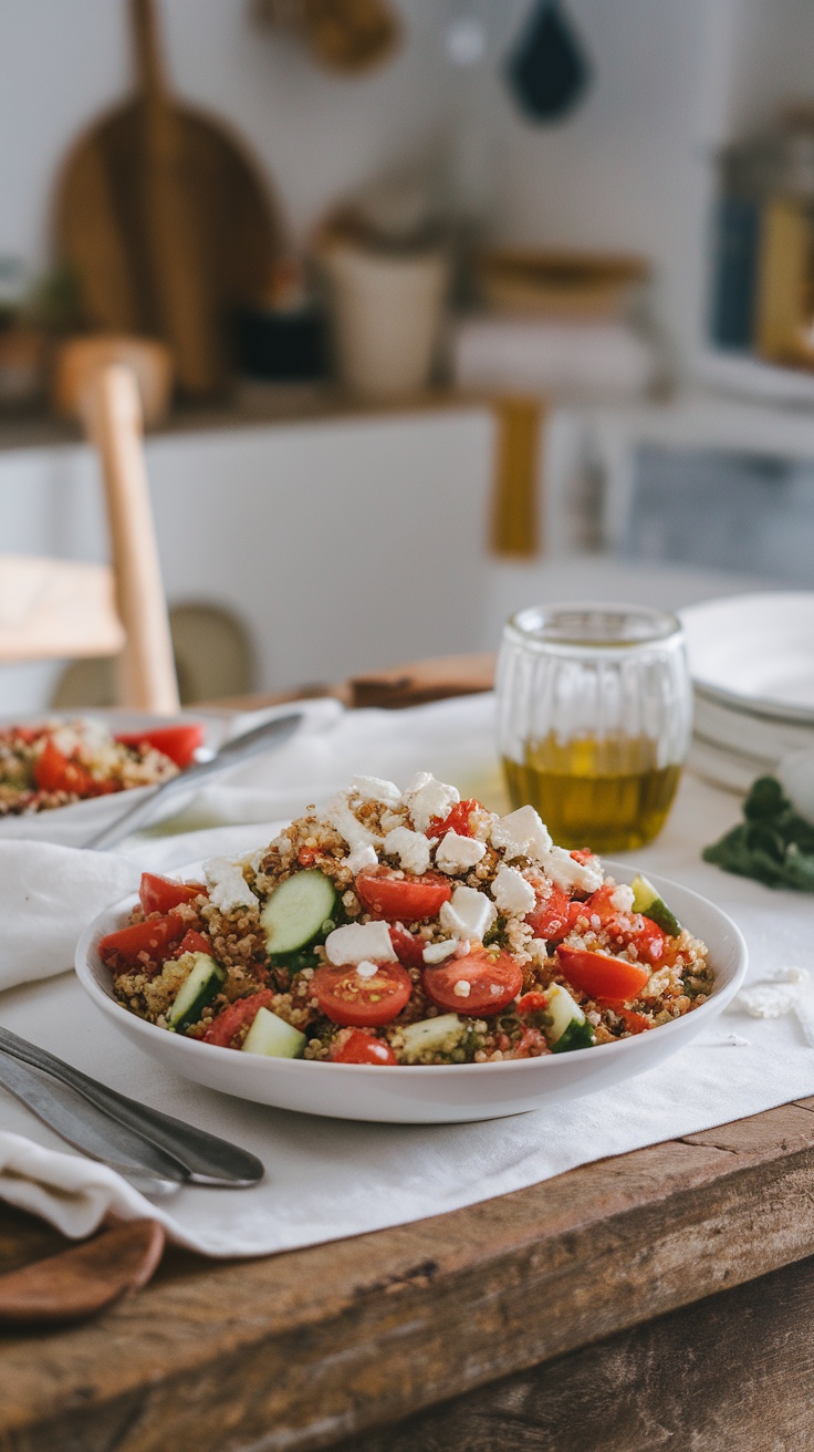 A vibrant Mediterranean quinoa salad with tomatoes, cucumbers, and feta cheese.