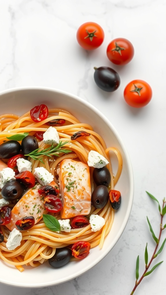 A bowl of Mediterranean salmon pasta with olives, cherry tomatoes, and feta cheese.