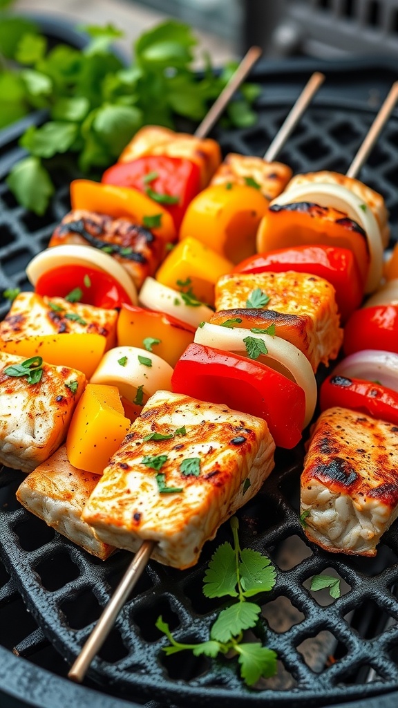 Mediterranean salmon skewers on a grill with colorful vegetables.