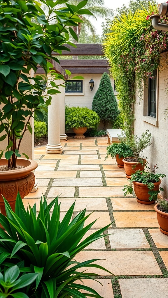 Mediterranean style epoxy patio with earthy tones and vibrant plants.