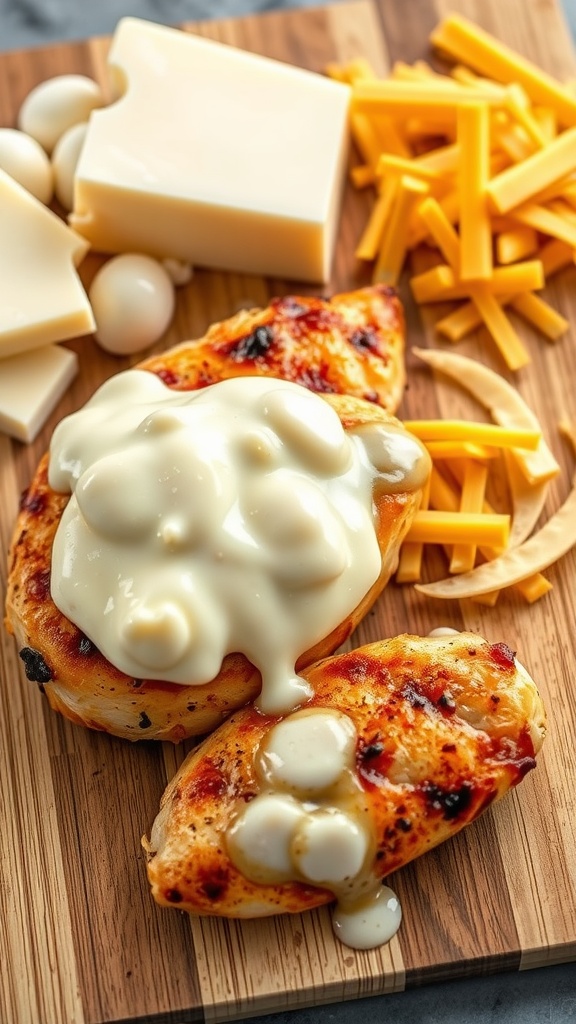 A wooden cutting board with grilled chicken topped with melted cheese and cheese blocks.