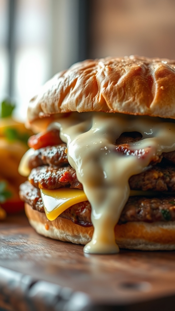 A close-up of a Reuben Corned Beef Cheese Burger with melted Swiss cheese