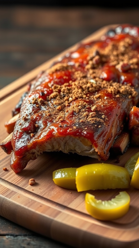 Delicious Memphis dry rub ribs with spices and BBQ sauce on a serving board.